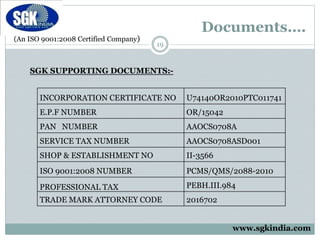 (An ISO 9001:2008 Certified Company)
Documents….
19
INCORPORATION CERTIFICATE NO U74140OR2010PTC011741
E.P.F NUMBER OR/15042
PAN NUMBER AAOCS0708A
SERVICE TAX NUMBER AAOCS0708ASD001
SHOP & ESTABLISHMENT NO II-3566
ISO 9001:2008 NUMBER PCMS/QMS/2088-2010
PROFESSIONAL TAX PEBH.III.984
TRADE MARK ATTORNEY CODE 2016702
SGK SUPPORTING DOCUMENTS:-
www.sgkindia.com
 