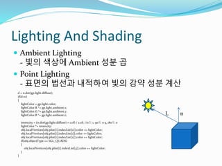 Lighting And Shading
 Ambient Lighting
- 빛의 색상에 Ambient 성분 곱
 Point Lighting
- 표면의 법선과 내적하여 빛의 강약 성분 계산
d = n.dot(gp.light.diffuse);
if(d>0)
{
lightColor = gp.light.color;
lightColor.R *= gp.light.ambient.x;
lightColor.G *= gp.light.ambient.y;
lightColor.B *= gp.light.ambient.z;
intencity = (n.dot(gp.light.diffuse) + 1.0f) / 2.0f; //0도 1, 90도 0.5, 180도 0
lightColor *= intencity;
obj.localVertices[obj.plist[i].indexList[0]].color += lightColor;
obj.localVertices[obj.plist[i].indexList[1]].color += lightColor;
obj.localVertices[obj.plist[i].indexList[2]].color += lightColor;
if(obj.objectType == SGL_QUADS)
{
obj.localVertices[obj.plist[i].indexList[3]].color += lightColor;
}
}
L n
 