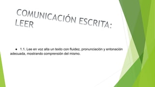 ● 1.1. Lee en voz alta un texto con fluidez, pronunciación y entonación
adecuada, mostrando comprensión del mismo.
 