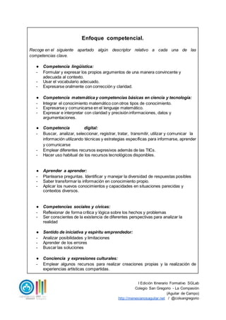 I Edición Itinerario Formativo SGLab
Colegio San Gregorio - La Compasión
(Aguilar de Campo)
http://menesianosaguilar.net / @colsangregorio
Enfoque competencial.
Recoge en el siguiente apartado algún descriptor relativo a cada una de las
competencias clave.
● Competencia lingüística:
- Formular y expresar los propios argumentos de una manera convincente y
adecuada al contexto.
- Usar el vocabulario adecuado.
- Expresarse oralmente con corrección y claridad.
● Competencia matemática y competencias básicas en ciencia y tecnología:
- Integrar el conocimiento matemático con otros tipos de conocimiento.
- Expresarse y comunicarse en el lenguaje matemático.
- Expresar e interpretar con claridad y precisión informaciones, datos y
argumentaciones.
● Competencia digital:
- Buscar, analizar, seleccionar, registrar, tratar, transmitir, utilizar y comunicar la
información utilizando técnicas y estrategias específicas para informarse, aprender
y comunicarse
- Emplear diferentes recursos expresivos además de las TICs.
- Hacer uso habitual de los recursos tecnológicos disponibles.
● Aprender a aprender:
- Plantearse preguntas. Identificar y manejar la diversidad de respuestas posibles
- Saber transformar la información en conocimiento propio.
- Aplicar los nuevos conocimientos y capacidades en situaciones parecidas y
contextos diversos.
● Competencias sociales y cívicas:
- Reflexionar de forma crítica y lógica sobre los hechos y problemas
- Ser conscientes de la existencia de diferentes perspectivas para analizar la
realidad
● Sentido de iniciativa y espíritu emprendedor:
- Analizar posibilidades y limitaciones
- Aprender de los errores
- Buscar las soluciones
● Conciencia y expresiones culturales:
- Emplear algunos recursos para realizar creaciones propias y la realización de
experiencias artísticas compartidas.
 