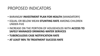 PROPOSED INDICATORS
• BARANGAY INVESTMENT PLAN FOR HEALTH (MANDATORY)
• EQUAL OR BELOW MEAN STUNTING RATE AMONG CHILDREN
UNDER-FIVE
• INCREASE ON THE PORTION OF HOUSEHOLDS WITH ACCESS TO
SAFELY MANAGED DRINKING-WATER SERVICES
• TUBERCULOSIS CASE NOTIFICATION RATE
• AT LEAST 90% TB TREATMENT SUCCESS RATE
 