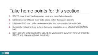 Take home points for this section
1. SGLT2i have broad cardiovascular, renal and heart failure benefits
2. Cardiorenal benefits are likely to be class, rather than agent specific
3. Effects on CKD don’t differ between diabetic and non-diabetic forms of CKD
4. Successful roll out is likely to have the same population level effects that ACE/ARBs
had
5. Don’t ask who will prescribe the SGLT2i for your patient, but when YOU will prescribe
SGLT2i and how you will do it like royalty
 