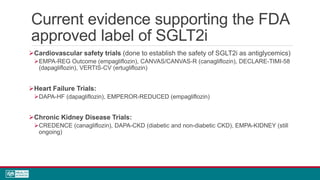 Current evidence supporting the FDA
approved label of SGLT2i
Cardiovascular safety trials (done to establish the safety of SGLT2i as antiglycemics)
EMPA-REG Outcome (empagliflozin), CANVAS/CANVAS-R (canagliflozin), DECLARE-TIMI-58
(dapagliflozin), VERTIS-CV (ertugliflozin)
Heart Failure Trials:
DAPA-HF (dapagliflozin), EMPEROR-REDUCED (empagliflozin)
Chronic Kidney Disease Trials:
CREDENCE (canagliflozin), DAPA-CKD (diabetic and non-diabetic CKD), EMPA-KIDNEY (still
ongoing)
 
