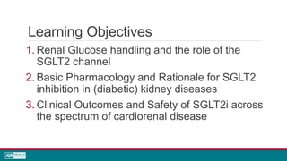 Learning Objectives
1. Renal Glucose handling and the role of the
SGLT2 channel
2. Basic Pharmacology and Rationale for SGLT2
inhibition in (diabetic) kidney diseases
3. Clinical Outcomes and Safety of SGLT2i across
the spectrum of cardiorenal disease
 