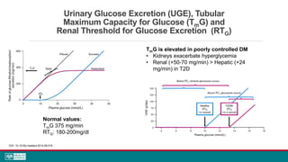 Urinary Glucose Excretion (UGE), Tubular
Maximum Capacity for Glucose (TmG) and
Renal Threshold for Glucose Excretion (RTG)
DOI: 10.1016/j.metabol.2014.06.018
TmG is elevated in poorly controlled DM
• Kidneys exacerbate hyperglycemia
• Renal (+50-70 mg/min) > Hepatic (+24
mg/min) in T2D
Normal values:
TmG 375 mg/min
RTG: 180-200mg/dl
 