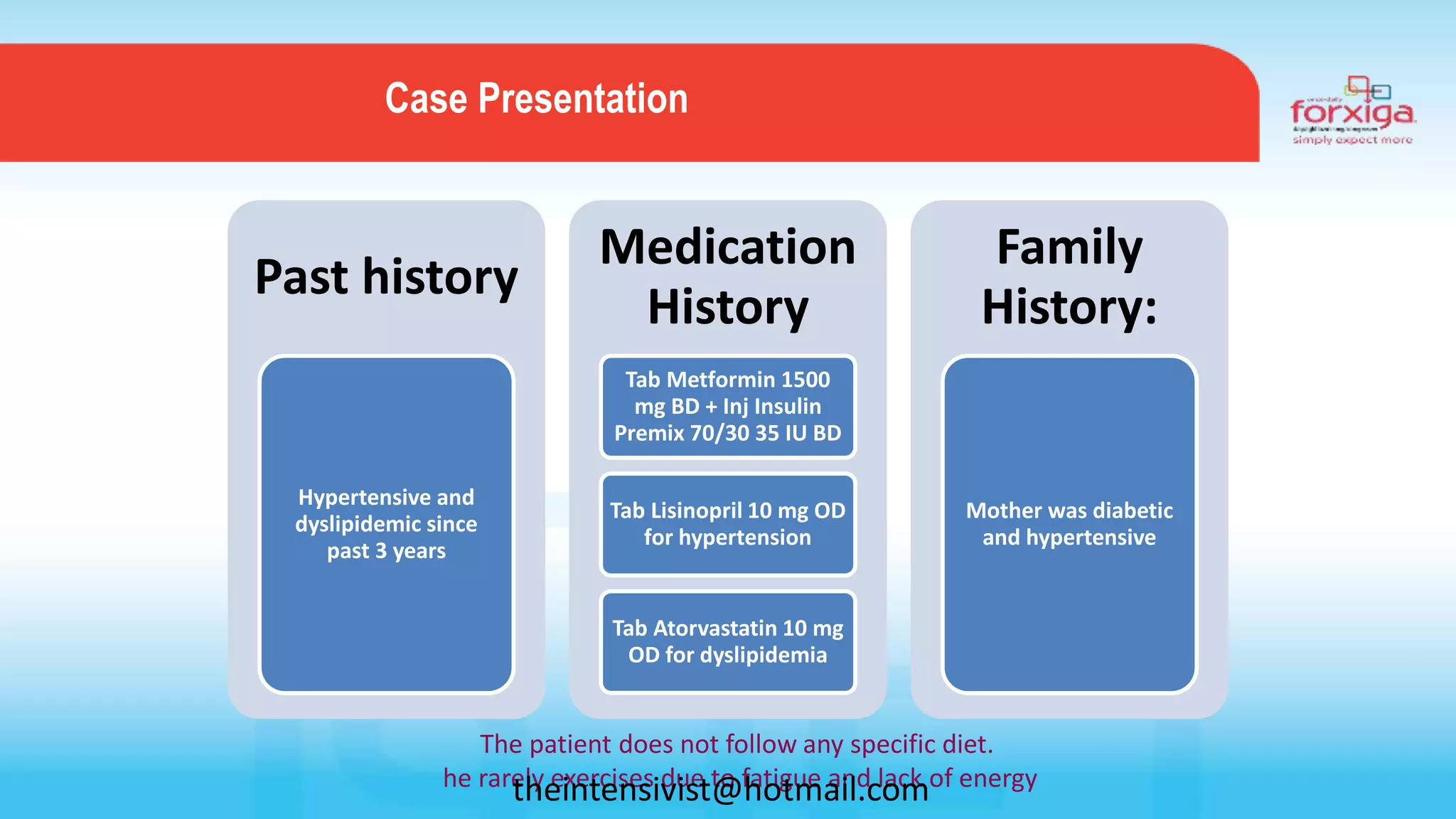 Past history
Hypertensive and
dyslipidemic since
past 3 years
Medication
History
Tab Metformin 1500
mg BD + Inj Insulin
Premix 70/30 35 IU BD
Tab Lisinopril 10 mg OD
for hypertension
Tab Atorvastatin 10 mg
OD for dyslipidemia
Family
History:
Mother was diabetic
and hypertensive
The patient does not follow any specific diet.
he rarely exercises due to fatigue and lack of energy
Case Presentation
theintensivist@hotmail.com
 