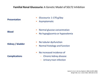 Familial Renal Glucosuria: A Genetic Model of SGLT2 Inhibition
Presentation
• Glucosuria: 1-170 g/day
• Asymptomatic
Blood
• Normal glucose concentration
• No hypoglycemia or hypovolemia
Kidney / bladder
• No tubular dysfunction
• Normal histology and function
Complications
• No increased incidence of
– Chronic kidney disease
– Urinary tract infection
Santer R, et al. J Am Soc Nephrol. 2003;14:2873-2882;
Wright EM, et al. J Intern Med. 2007;261:32-43.
 