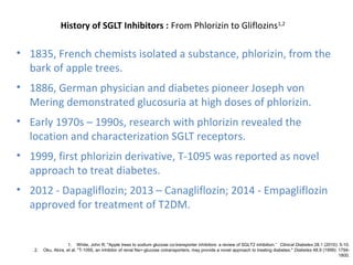 History of SGLT Inhibitors : From Phlorizin to Gliflozins1,2
• 1835, French chemists isolated a substance, phlorizin, from the
bark of apple trees.
• 1886, German physician and diabetes pioneer Joseph von
Mering demonstrated glucosuria at high doses of phlorizin.
• Early 1970s – 1990s, research with phlorizin revealed the
location and characterization SGLT receptors.
• 1999, first phlorizin derivative, T-1095 was reported as novel
approach to treat diabetes.
• 2012 - Dapagliflozin; 2013 – Canagliflozin; 2014 - Empagliflozin
approved for treatment of T2DM.
1. White, John R. "Apple trees to sodium glucose co-transporter inhibitors: a review of SGLT2 inhibition.’’ Clinical Diabetes 28.1 (2010): 5-10.
2. Oku, Akira, et al. "T-1095, an inhibitor of renal Na+-glucose cotransporters, may provide a novel approach to treating diabetes." Diabetes 48.9 (1999): 1794-
1800.
 
