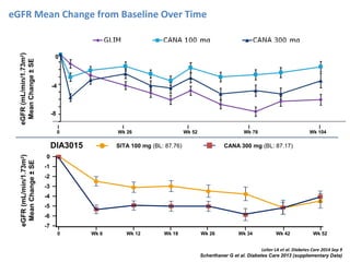 eGFR Mean Change from Baseline Over Time
Wk 104Wk 78Wk 52Wk 260
eGFR(mL/min/1.73m2
)
MeanChange±SE
Wk 52Wk 42Wk 34Wk 26Wk 18Wk 60
-7
-6
-5
-4
-3
-2
-1
0
eGFR(mL/min/1.73m2
)
MeanChange±SE
Wk 12
SITA 100 mg (BL: 87.76) CANA 300 mg (BL: 87.17)DIA3015
0
-4
-8
Leiter LA et al. Diabetes Care 2014 Sep 9
Scherthaner G et al. Diabetes Care 2013 (supplementary Data)
 