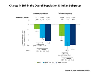 –8
–2
–6
–4
Change in SBP in the Overall Population & Indian Subgroup
n 1,230 1,425 1,437 105 112 117
–3.9 mmHg
(95% CI: –7.1, –0.7)
Baseline (mmHg)
Overall population Indian subgroup
133.1 131.8 132.7 130.8 131.1 131.8
–3.3 mmHg
(95% CI: –4.2, –2.4)
–4.5 mmHg
(95% CI: –5.4, –3.6)
–3.5 mmHg
(95% CI: –6.6, –0.3)
–10
0
Kumar et al. Poster presented at IDF 2014
 
