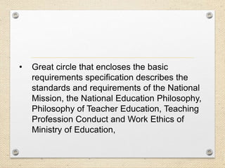•

Great circle that encloses the basic
requirements specification describes the
standards and requirements of the National
Mission, the National Education Philosophy,
Philosophy of Teacher Education, Teaching
Profession Conduct and Work Ethics of
Ministry of Education,

 