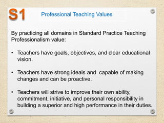 Professional Teaching Values
By practicing all domains in Standard Practice Teaching
Professionalism value:
• Teachers have goals, objectives, and clear educational
vision.
• Teachers have strong ideals and capable of making
changes and can be proactive.
• Teachers will strive to improve their own ability,
commitment, initiative, and personal responsibility in
building a superior and high performance in their duties.

 