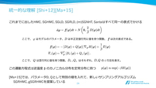 統⼀的な理解 [Shi+12][Ma+15]
これまでに出したHMC, SGHMC, SGLD, SGRLD, (m)SGNHT, Santaはすべて同⼀の表式でかける
24
この運動⽅程式は逆温度 β のカノニカル分布を定常分布に持つ
[Ma+15]では、パラメータD, Qとして特別の値を⼊れて、新しいサンプリングアルゴリズム
SGRHMC, gSGRHMCを提案している
 