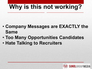 Why is this not working?


• Company Messages are EXACTLY the
  Same
• Too Many Opportunities Candidates
• Hate Talking to Recruiters
 