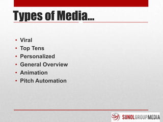 Types of Media…
•   Viral
•   Top Tens
•   Personalized
•   General Overview
•   Animation
•   Pitch Automation
 