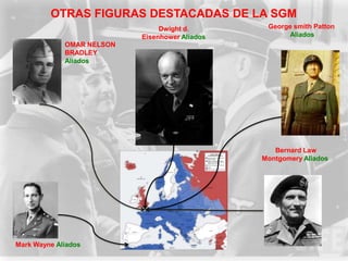 OTRAS FIGURAS DESTACADAS DE LA SGM
                                Dwight d.        George smith Patton
                           Eisenhower Aliados         Aliados
             OMAR NELSON
             BRADLEY
             Aliados




                                                   Bernard Law
                                                Montgomery Aliados




Mark Wayne Aliados
 