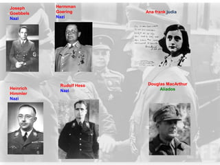 Joseph     Hermman
Goebbels   Goering        Ana frank judia
Nazi       Nazi




            Rudolf Hess    Douglas MacArthur
Heinrich                        Aliados
            Nazi
Himmler
Nazi
 