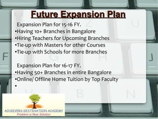 Future Expansion PlanFuture Expansion Plan
Expansion Plan for 15-16 FY.
●Having 10+ Branches in Bangalore
●Hiring Teachers for Upcoming Branches
●Tie-up with Masters for other Courses
●Tie-up with Schools for more Branches
Expansion Plan for 16-17 FY.
●Having 50+ Branches in entire Bangalore
●Online/ Offline Home Tuition by Top Faculty
●
 
