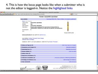 4. This is how the locus page looks like when a submitter who is not the editor is logged-in. Notice the  highlighted links 