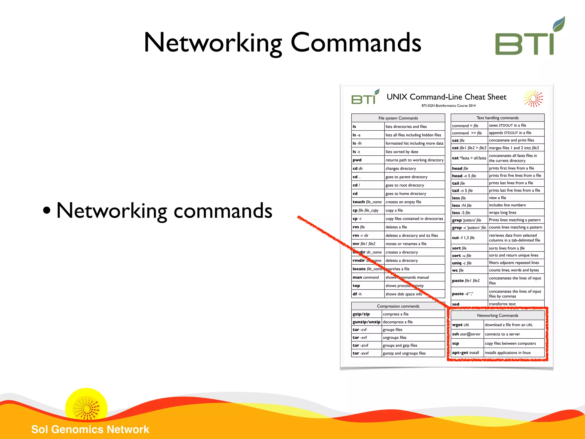 Sol Genomics Network
Text handling commandsText handling commands
command > ﬁle saves STDOUT in a ﬁle
command >> ﬁle appends STDOUT in a ﬁle
cat ﬁle concatenate and print ﬁles
cat ﬁle1 ﬁle2 > ﬁle3 merges ﬁles 1 and 2 into ﬁle3
cat *fasta > all.fasta
concatenates all fasta ﬁles in
the current directory
head ﬁle prints ﬁrst lines from a ﬁle
head -n 5 ﬁle prints ﬁrst ﬁve lines from a ﬁle
tail ﬁle prints last lines from a ﬁle
tail -n 5 ﬁle prints last ﬁve lines from a ﬁle
less ﬁle view a ﬁle
less -N ﬁle includes line numbers
less -S ﬁle wraps long lines
grep ‘pattern’ ﬁle Prints lines matching a pattern
grep -c ‘pattern’ ﬁle counts lines matching a pattern
cut -f 1,3 ﬁle
retrieves data from selected
columns in a tab-delimited ﬁle
sort ﬁle sorts lines from a ﬁle
sort -u ﬁle sorts and return unique lines
uniq -c ﬁle ﬁlters adjacent repeated lines
wc ﬁle counts lines, words and bytes
paste ﬁle1 ﬁle2
concatenates the lines of input
ﬁles
paste -d “,”
concatenates the lines of input
ﬁles by commas
sed transforms text
File system CommandsFile system Commands
ls lists directories and ﬁles
ls -a lists all ﬁles including hidden ﬁles
ls -lh formatted list including more data
ls -t lists sorted by date
pwd returns path to working directory
cd dir changes directory
cd .. goes to parent directory
cd / goes to root directory
cd goes to home directory
touch ﬁle_name creates en empty ﬁle
cp ﬁle ﬁle_copy copy a ﬁle
cp -r copy ﬁles contained in directories
rm ﬁle deletes a ﬁle
rm -r dir deletes a directory and its ﬁles
mv ﬁle1 ﬁle2 moves or renames a ﬁle
mkdir dir_name creates a directory
rmdir dir_name deletes a directory
locate ﬁle_name searches a ﬁle
man command shows commands manual
top shows process activity
df -h shows disk space info
Networking CommandsNetworking Commands
wget URL download a ﬁle from an URL
ssh user@server connects to a server
scp copy ﬁles between computers
apt-get install installs applications in linux
Compression commandsCompression commands
gzip/zip compress a ﬁle
gunzip/unzip decompress a ﬁle
tar -cvf groups ﬁles
tar -xvf ungroups ﬁles
tar -zcvf groups and gzip ﬁles
tar -zxvf gunzip and ungroups ﬁles
UNIX Command-Line Cheat Sheet
BTI-SGN Bioinformatics Course 2014
•Networking commands
Networking Commands
 