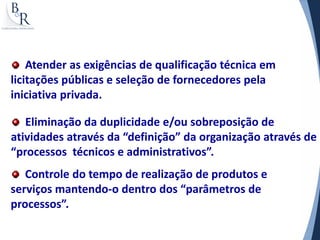 Atender as exigências de qualificação técnica em
licitações públicas e seleção de fornecedores pela
iniciativa privada.

   Eliminação da duplicidade e/ou sobreposição de
atividades através da “definição” da organização através de
“processos técnicos e administrativos”.
   Controle do tempo de realização de produtos e
serviços mantendo-o dentro dos “parâmetros de
processos”.
 