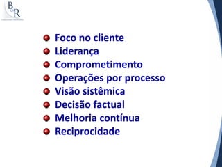 Foco no cliente
Liderança
Comprometimento
Operações por processo
Visão sistêmica
Decisão factual
Melhoria contínua
Reciprocidade
 