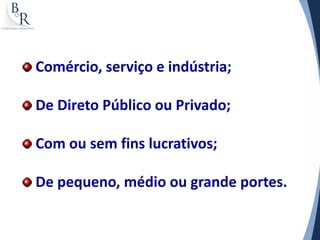 Comércio, serviço e indústria;

De Direto Público ou Privado;

Com ou sem fins lucrativos;

De pequeno, médio ou grande portes.
 