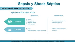 Signos específicos según el foco:
Urinario
Cutáneo
 Disuria.
 Polaquiuria.
 Tenesmo vesical.
 Dolor lumbar.
 Puntos renoureterales (+).
 Puño percusión (+).
 Dolor.
 Antecedentes de trauma en la zona.
 Eritema, edema y dolor a la
palpación.
Anamnesis: Examen Físico:
Guías SSC 2021: directrices internacionales para el manejo de la sepsis y shock séptico.
Sepsis y Shock Séptico
MANIFESTACIONES CLINICAS
 