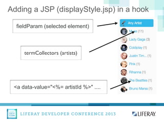 LIFERAY DEVELOPER CONFERENCE 2013DEV
CON
LIFERAY
Adding a JSP (displayStyle.jsp) in a hook
termCollectors (artists)
<a data-value="<%= artistId %>" ....
fieldParam (selected element)
 