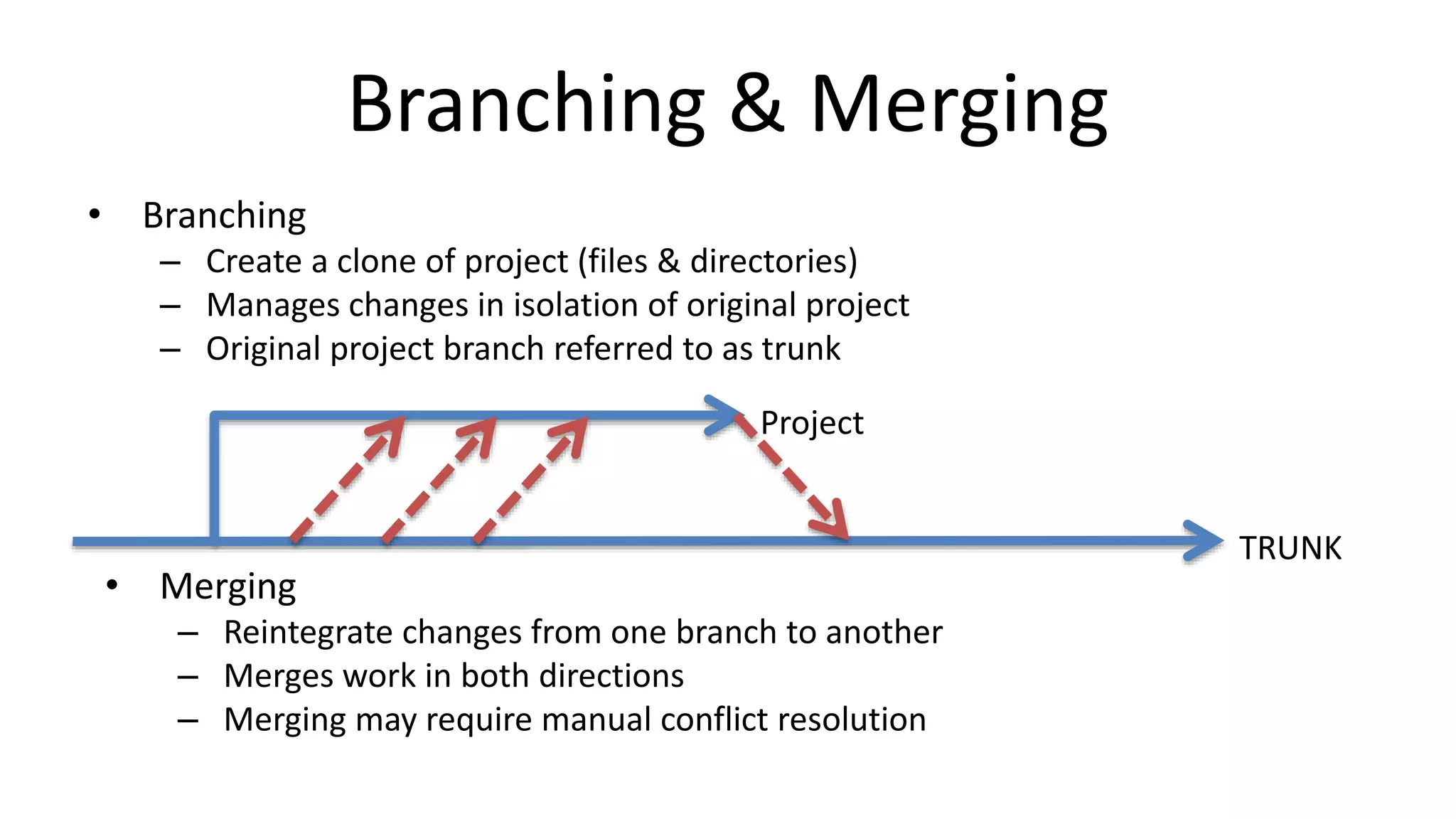 Branching & Merging 
• Branching 
– Create a clone of project (files & directories) 
– Manages changes in isolation of original project 
– Original project branch referred to as trunk 
• Merging 
– Reintegrate changes from one branch to another 
– Merges work in both directions 
– Merging may require manual conflict resolution 
TRUNK 
Project 
 
