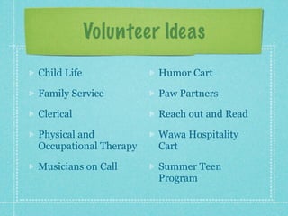 Volunteer Ideas
Child Life             Humor Cart

Family Service         Paw Partners

Clerical               Reach out and Read

Physical and           Wawa Hospitality
Occupational Therapy   Cart

Musicians on Call      Summer Teen
                       Program
 