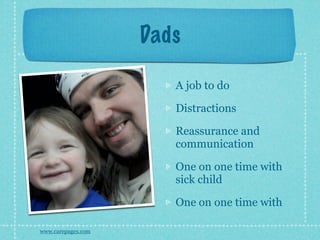 Dads

                       A job to do

                       Distractions

                       Reassurance and
                       communication

                       One on one time with
                       sick child

                       One on one time with

www.carepages.com
 