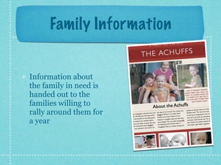Family Information


Information about
the family in need is
handed out to the
families willing to
rally around them for
a year
 