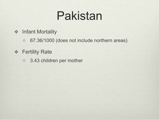 PakistanInfant Mortality67.36/1000 (does not include northern areas)Fertility Rate3.43 children per mother