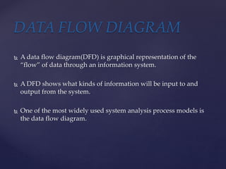  A data flow diagram(DFD) is graphical representation of the
“flow” of data through an information system.
 A DFD shows what kinds of information will be input to and
output from the system.
 One of the most widely used system analysis process models is
the data flow diagram.
DATA FLOW DIAGRAM
 