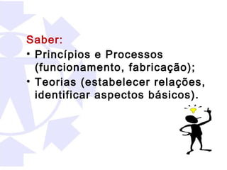 Saber:
• Princípios e Processos
  (funcionamento, fabricação);
• Teorias (estabelecer relações,
  identificar aspectos básicos).
 
