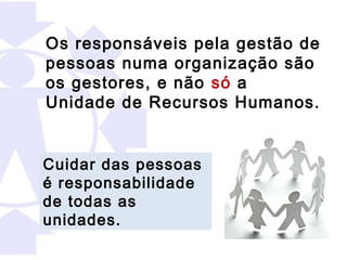 Os responsáveis pela gestão de
pessoas numa organização são
os gestores, e não só a
Unidade de Recursos Humanos.


Cuidar das pessoas
é responsabilidade
de todas as
unidades.
 