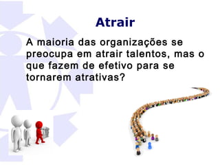 Atrair
A maioria das organizações se
preocupa em atrair talentos, mas o
que fazem de efetivo para se
tornarem atrativas?
 