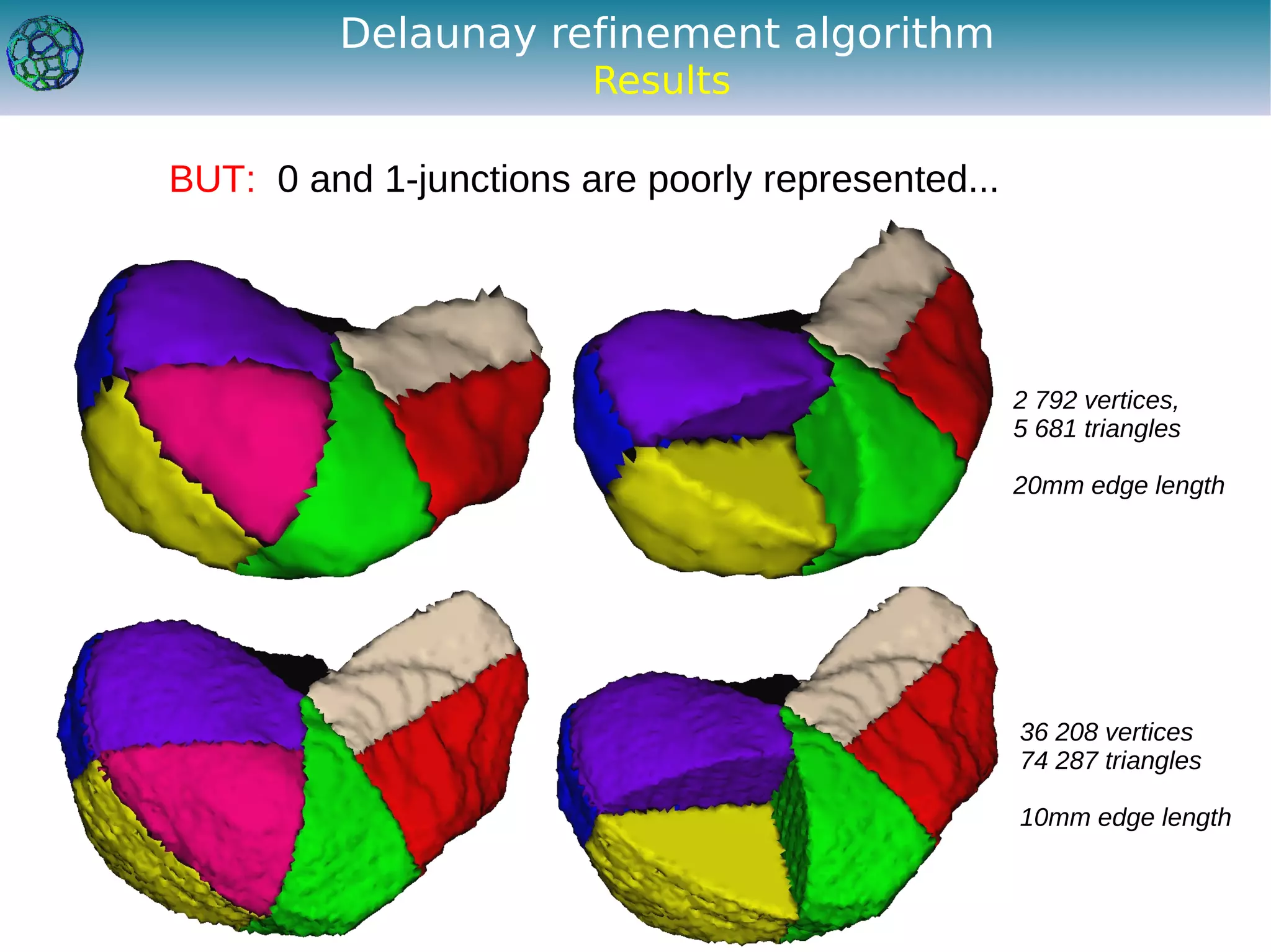 Delaunay refinement algorithm
                        Results

BUT: 0 and 1-junctions are poorly represented...




                                                   2 792 vertices,
                                                   5 681 triangles

                                                   20mm edge length




                                                   36 208 vertices
                                                   74 287 triangles

                                                   10mm edge length
 