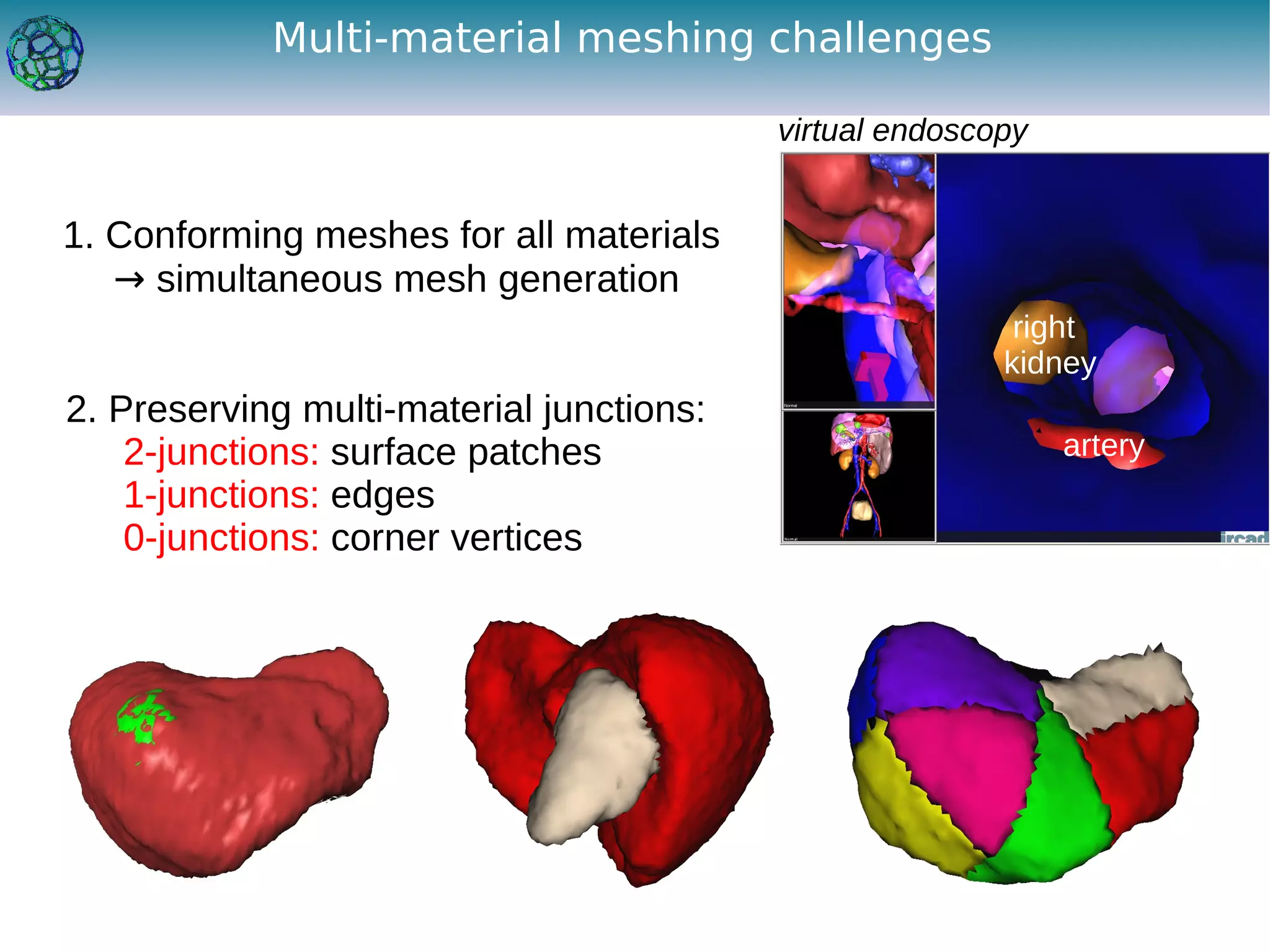 Multi-material meshing challenges

                                          virtual endoscopy


1. Conforming meshes for all materials
   → simultaneous mesh generation
                                                          right
                                                         kidney
2. Preserving multi-material junctions:
    2-junctions: surface patches                              artery
    1-junctions: edges
    0-junctions: corner vertices
 