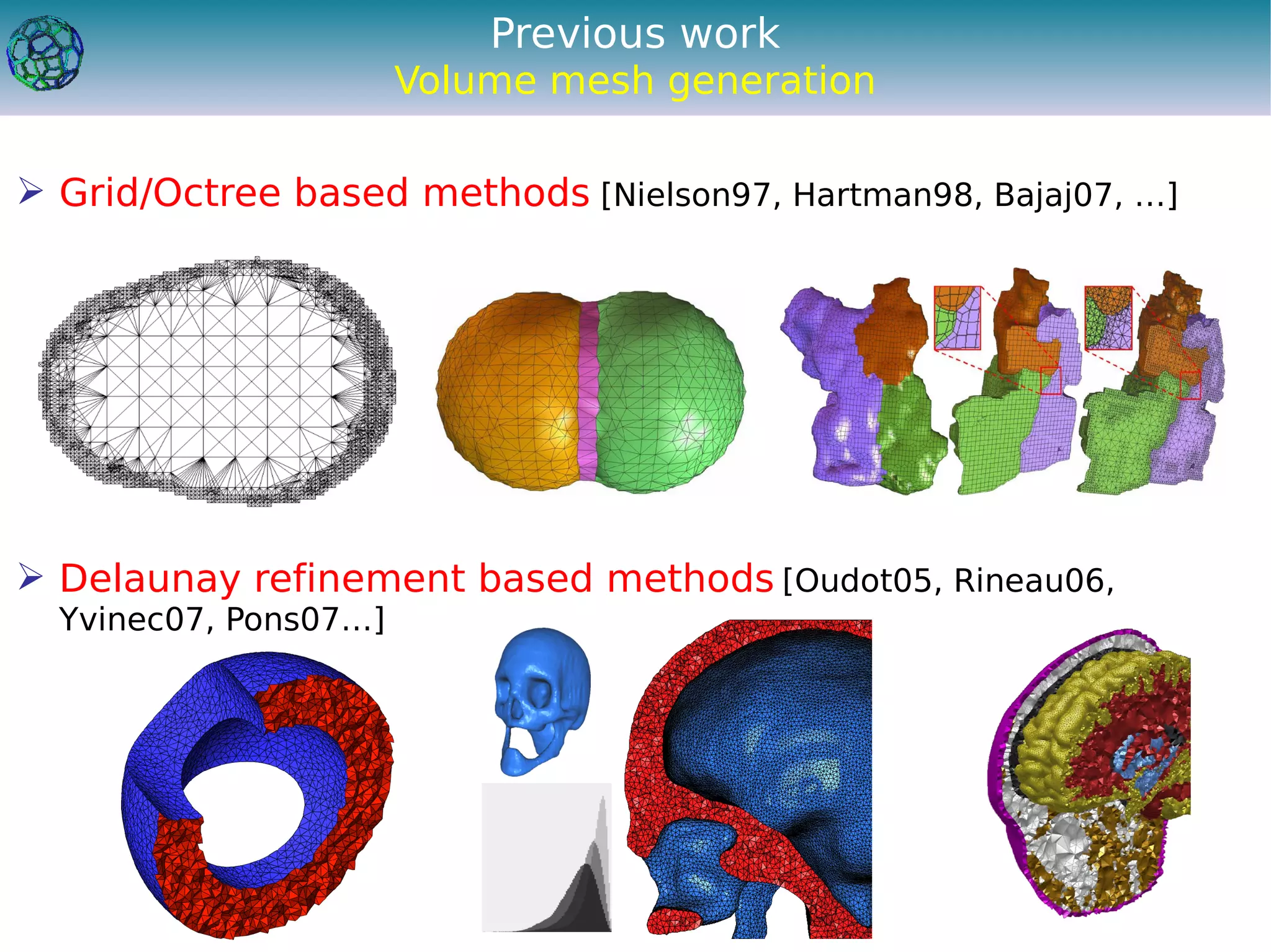 Previous work
                       Volume mesh generation

 Grid/Octree based methods [Nielson97, Hartman98, Bajaj07, …]




 Delaunay refinement based methods [Oudot05, Rineau06,
  Yvinec07, Pons07…]
 