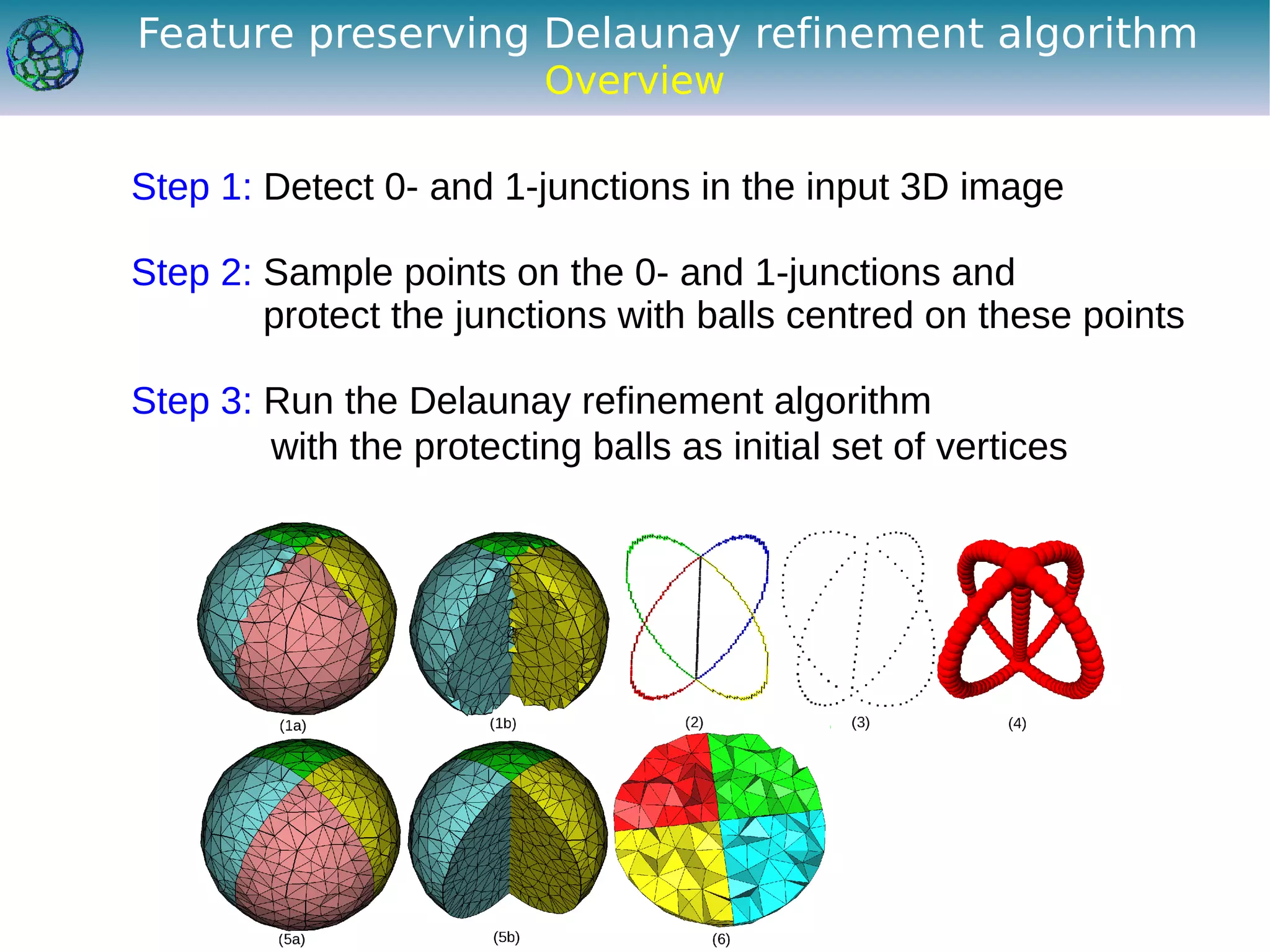 Feature preserving Delaunay refinement algorithm
                          Overview

Step 1: Detect 0- and 1-junctions in the input 3D image

Step 2: Sample points on the 0- and 1-junctions and
        protect the junctions with balls centred on these points

Step 3: Run the Delaunay refinement algorithm
        with the protecting balls as initial set of vertices
 