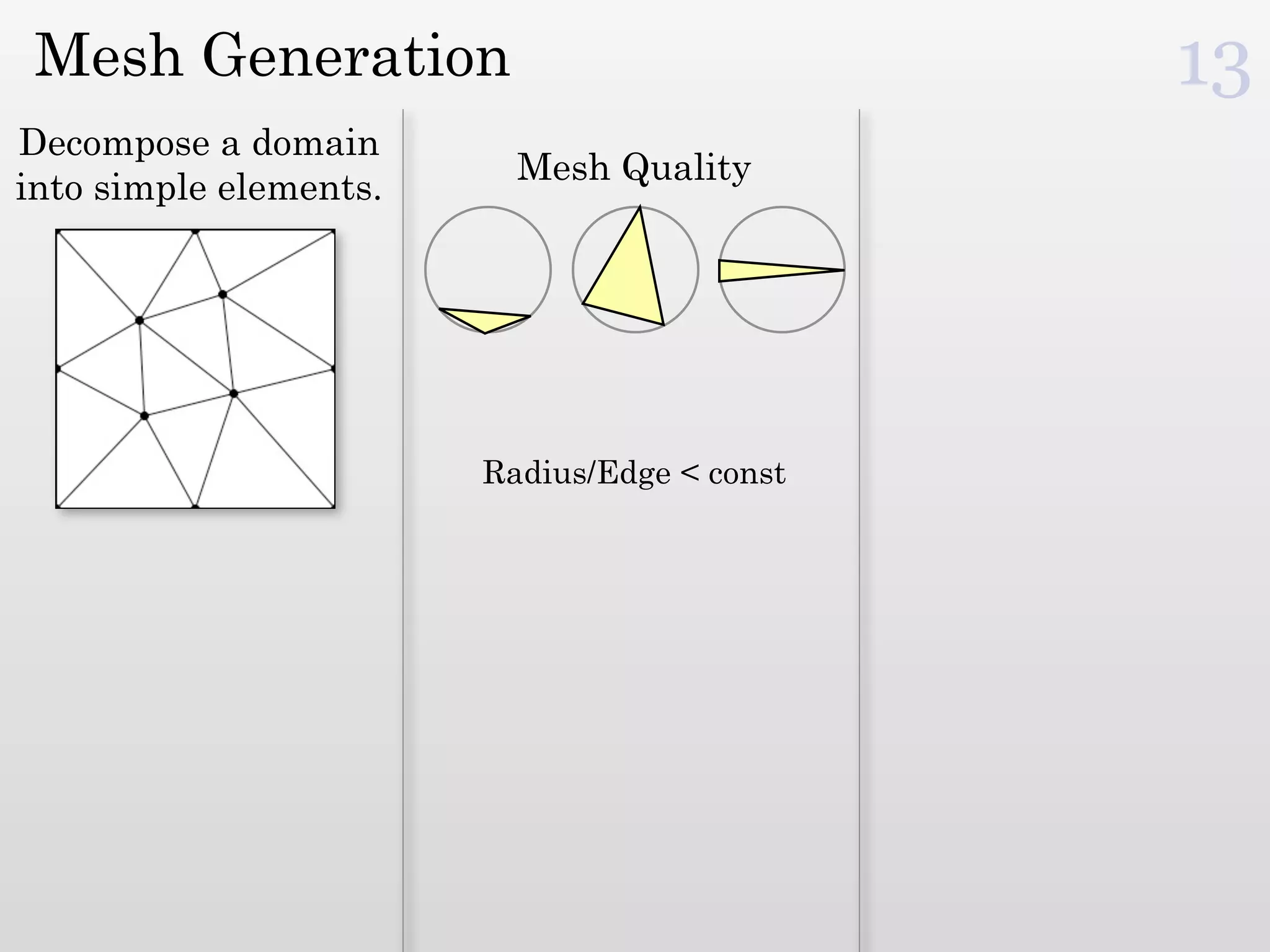 Mesh Generation                              13
Decompose a domain
                          Mesh Quality
into simple elements.




                        Radius/Edge < const
 