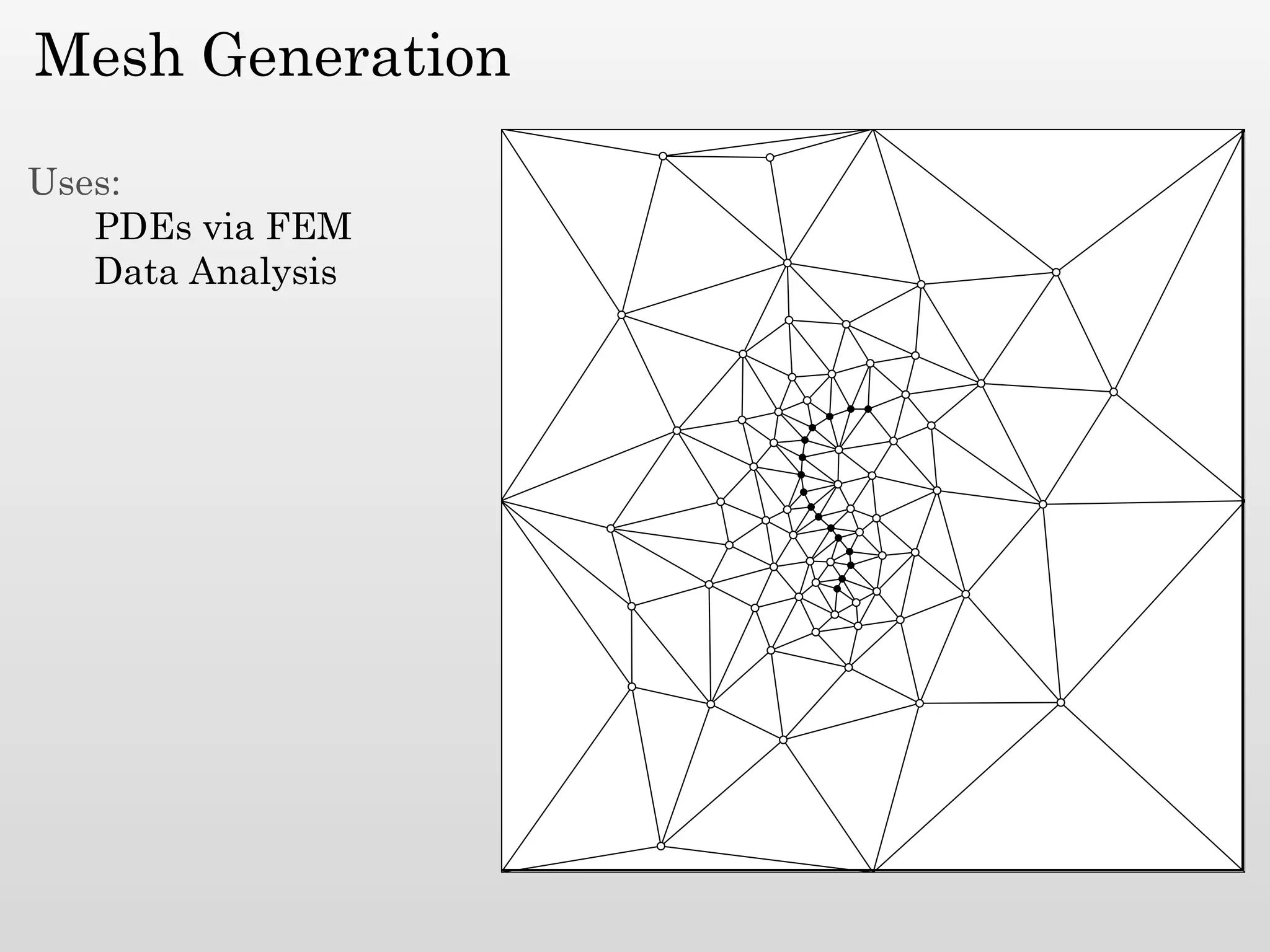 Mesh Generation

Uses:
   PDEs via FEM
   Data Analysis
 