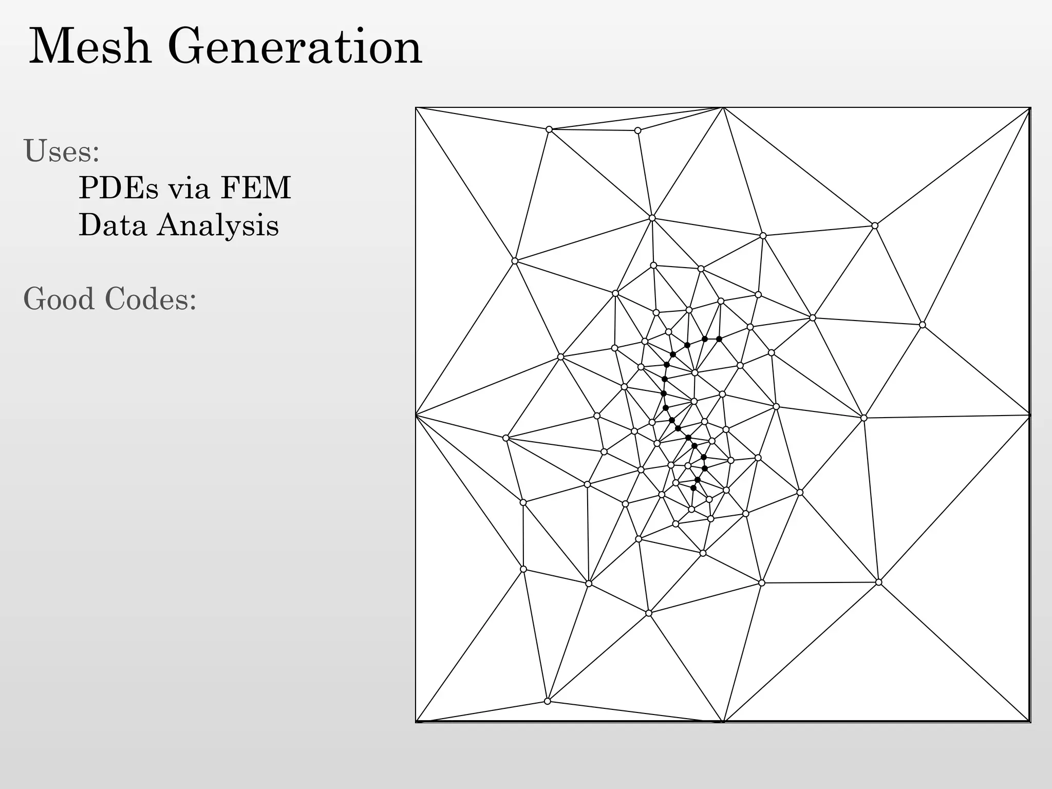 Mesh Generation

Uses:
   PDEs via FEM
   Data Analysis

Good Codes:
 