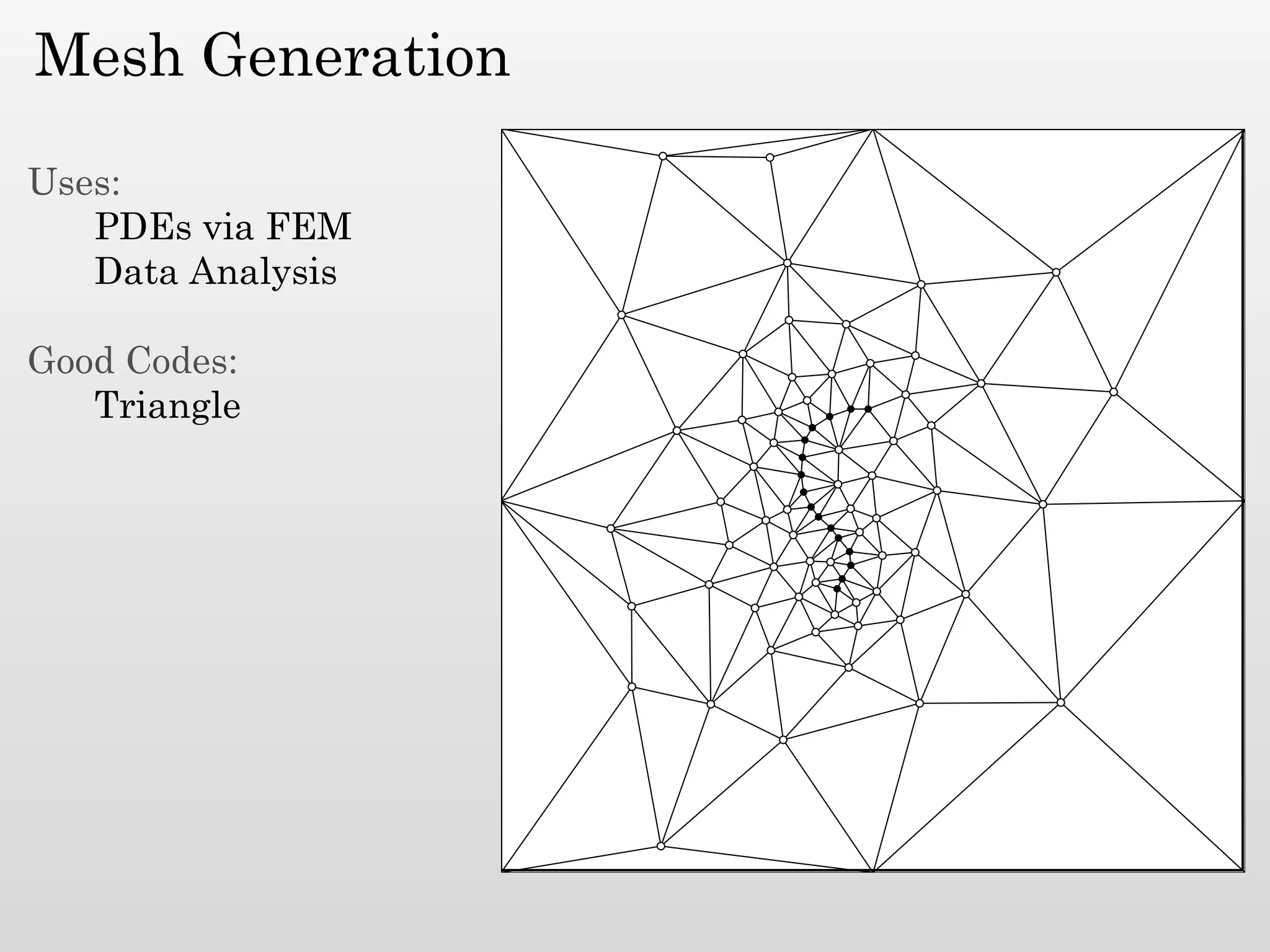 Mesh Generation

Uses:
   PDEs via FEM
   Data Analysis

Good Codes:
   Triangle
 