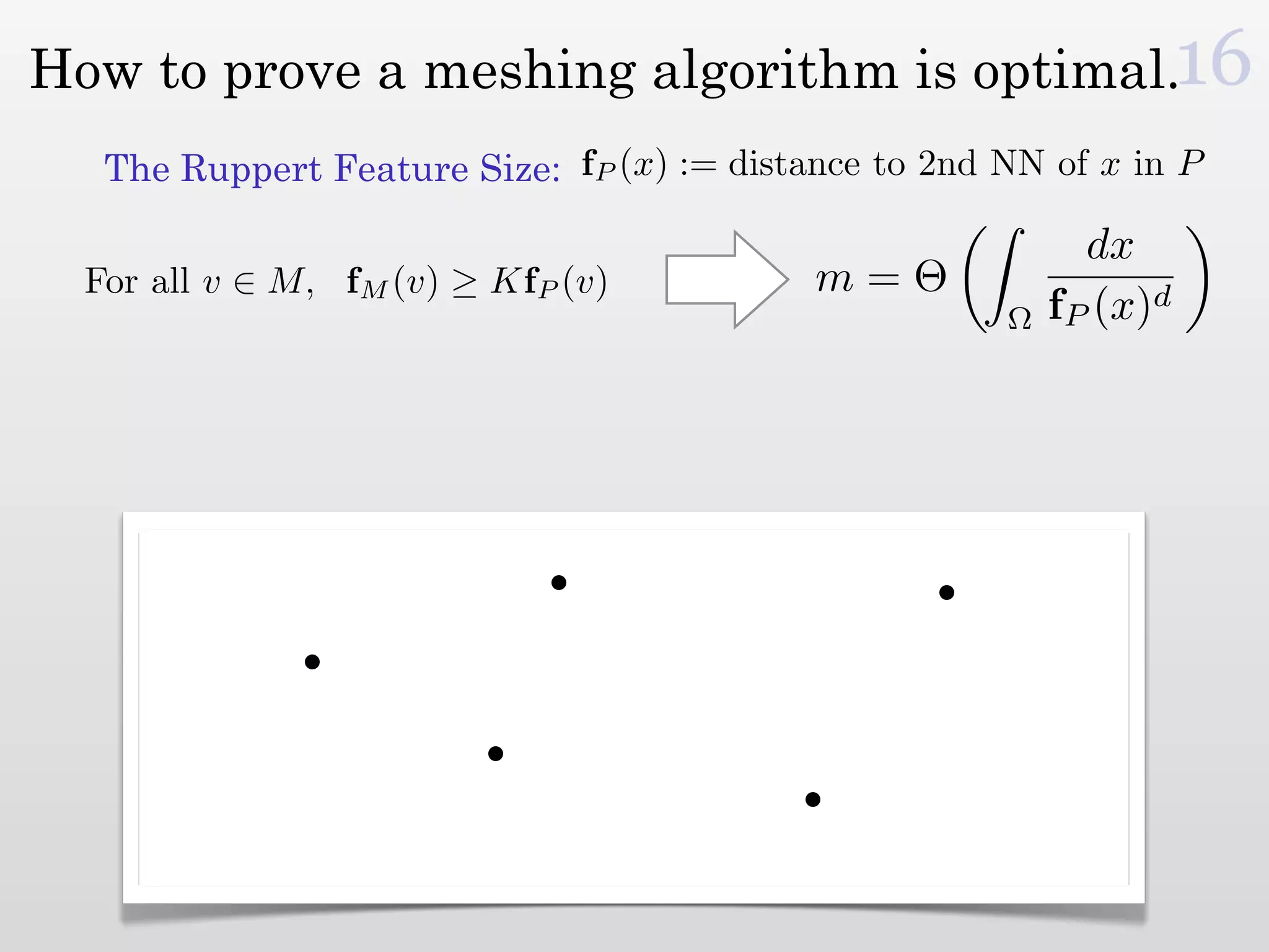 How to prove a meshing algorithm is optimal.16
   The Ruppert Feature Size: fP (x) := distance to 2nd NN of x in P

                                                             dx
  For all v ∈ M, fM (v) ≥ KfP (v)           m=Θ
                                                       Ω   fP (x)d
 