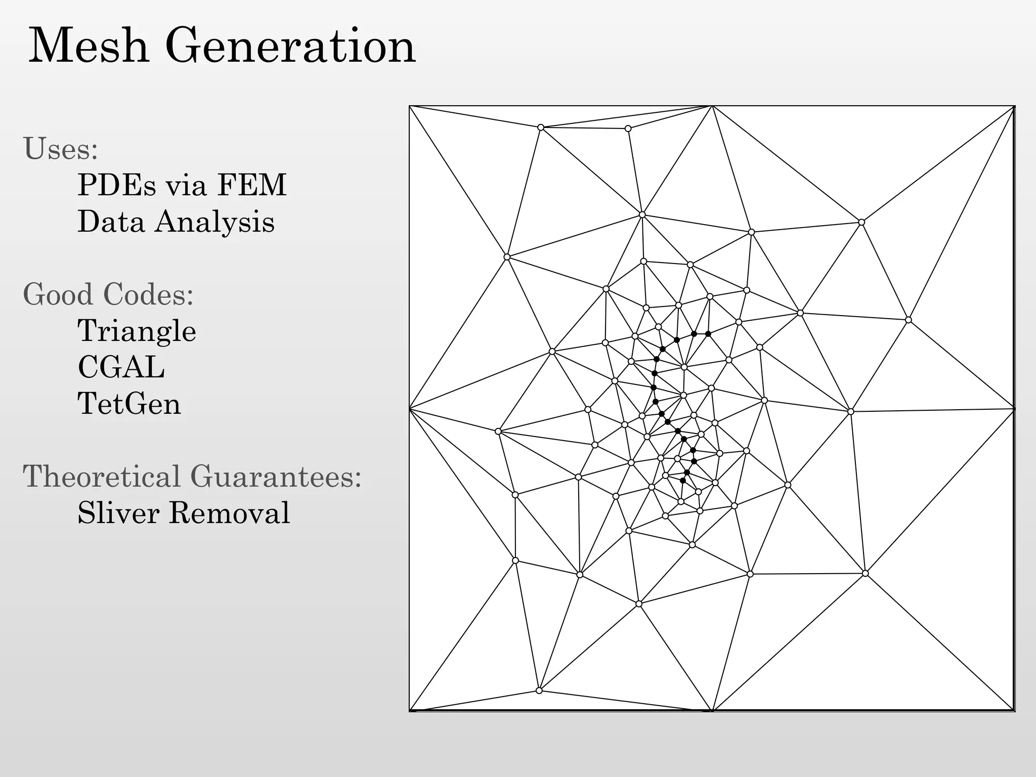 Mesh Generation

Uses:
   PDEs via FEM
   Data Analysis

Good Codes:
   Triangle
   CGAL
   TetGen

Theoretical Guarantees:
   Sliver Removal
 