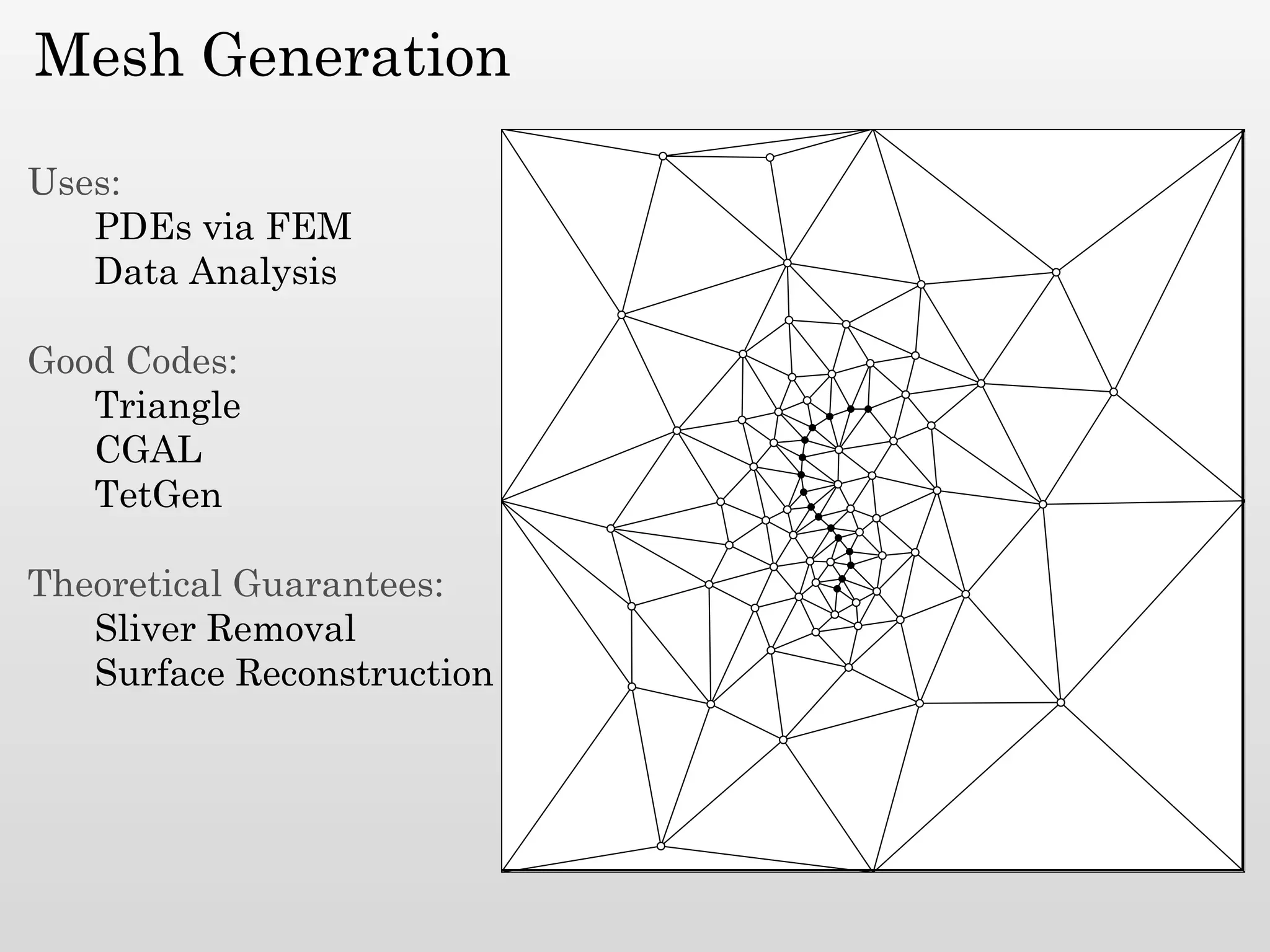 Mesh Generation

Uses:
   PDEs via FEM
   Data Analysis

Good Codes:
   Triangle
   CGAL
   TetGen

Theoretical Guarantees:
   Sliver Removal
   Surface Reconstruction
 
