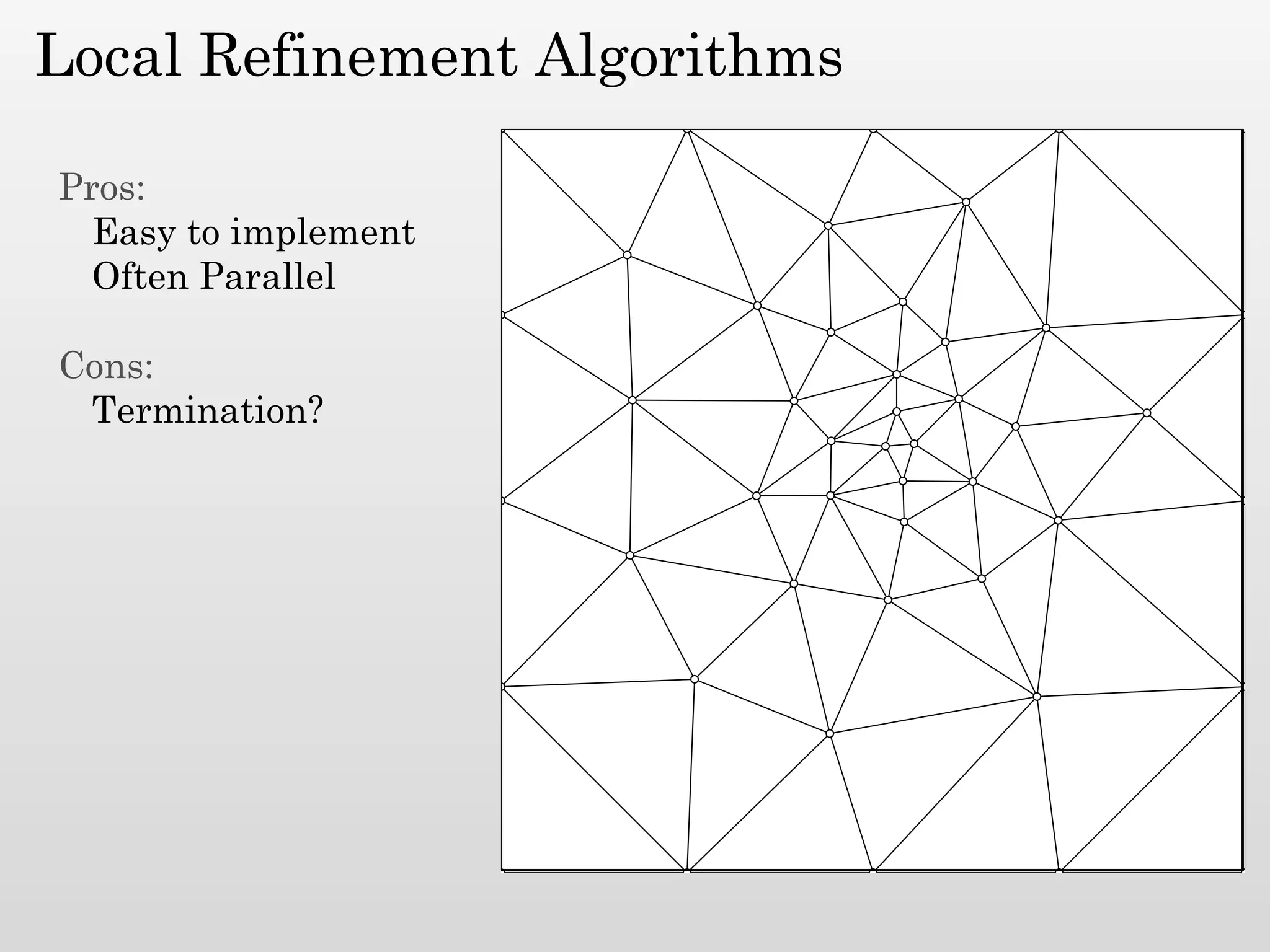 Local Refinement Algorithms

Pros:
  Easy to implement
  Often Parallel

Cons:
 Termination?
 